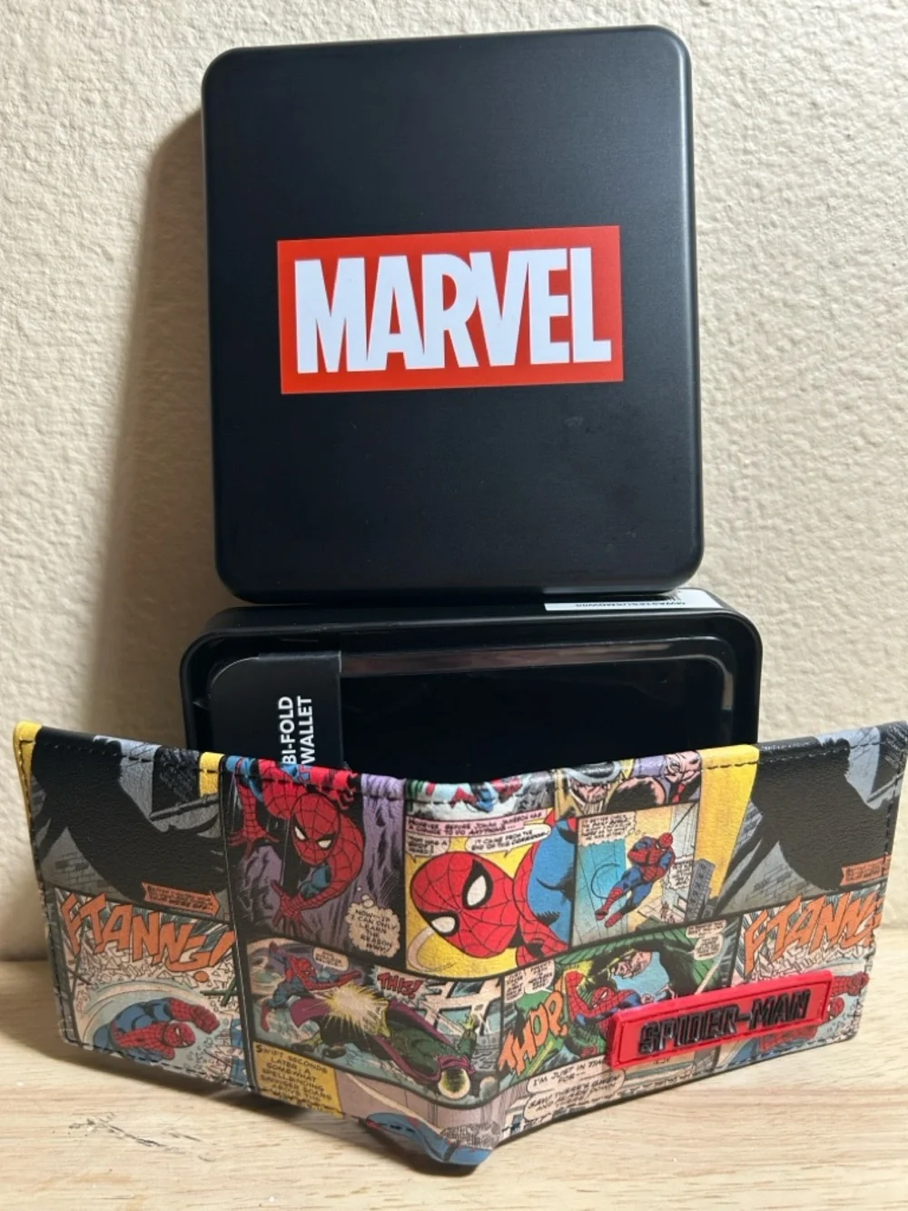 Marvel Spider-Man Comic Patch Bifold Wallet in Red, Yellow, Blue, Black